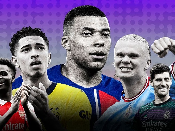 Montage of soccer players including Mbappe and Ronaldo
