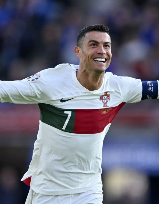 Cristiano Ronaldo celebrating in a Portugal jersey